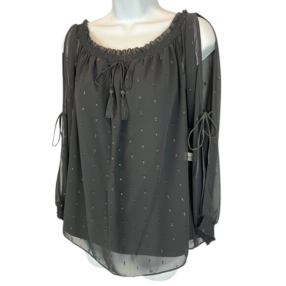 Guess Toya Off-Shoulder Smocked Blouse S NWT Black Shimmer Sheer Lined LS Top - Picture 2 of 9